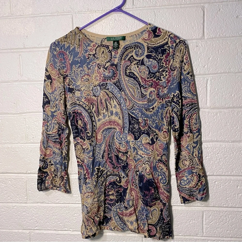 NEW Lauren Ralph Lauren paisley 100% silk crewneck sweater Lightweight Summer